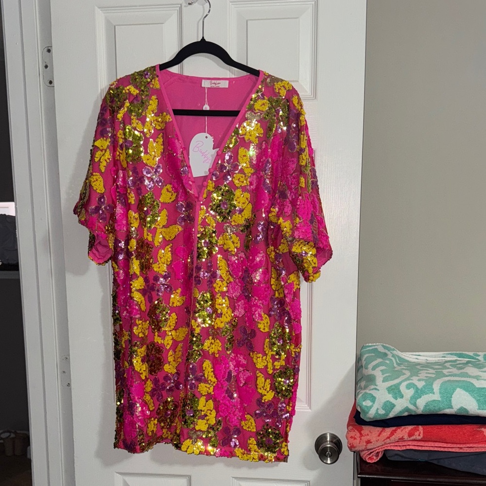 Buddy Love Pink and Yellow Sequin Mini Dress